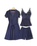 Navy blue lace lingerie set with a robe on a white background