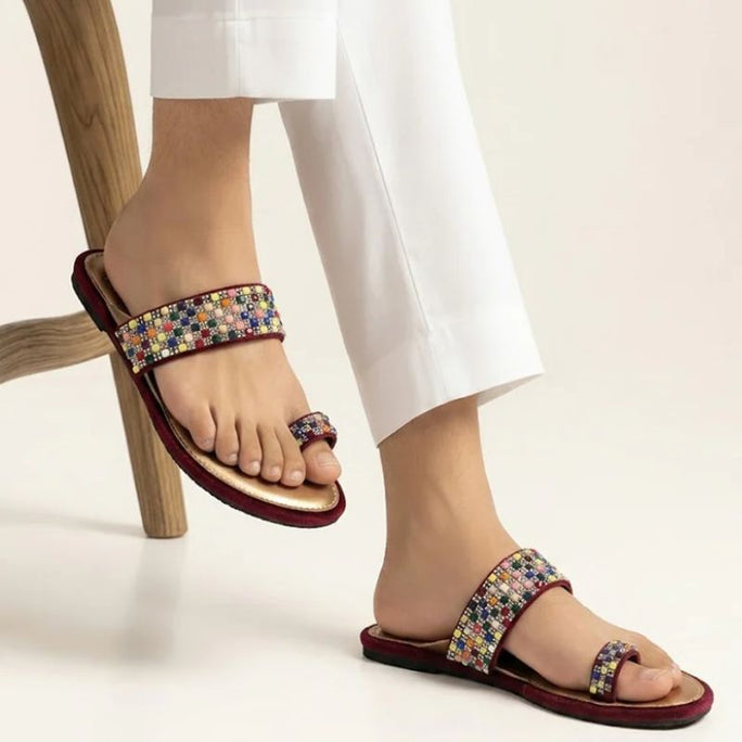 Milli Legacy 4707 Multicolor Beaded Toe Ring Handcrafted Flat Sandals For Women