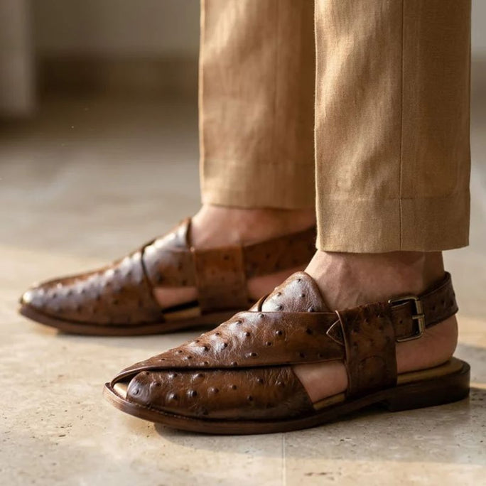 Milli Legacy Handcrafted Ostrich Grain Leather Buckle Peshawri Chappal For Men