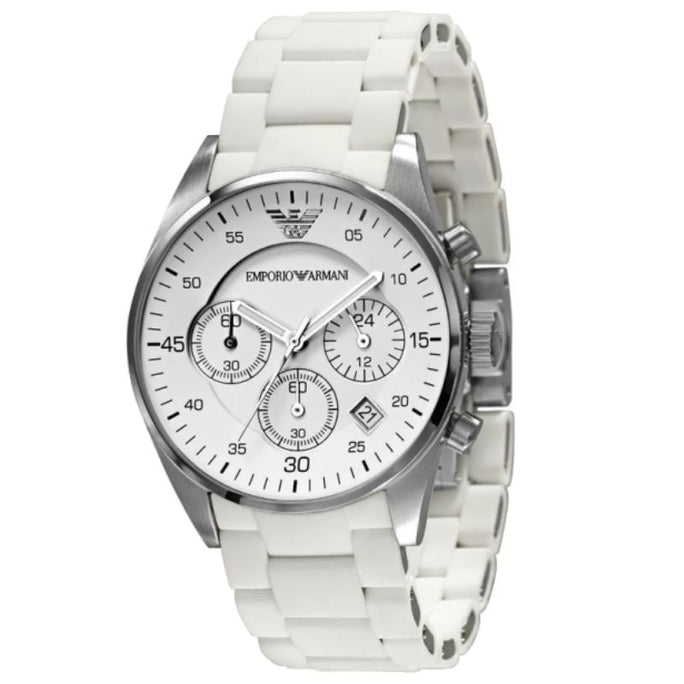 Emporio Armani AR5867 Women’s Chronograph Quartz White Silicone & Stainless Steel Chain White Dial 39mm Watch