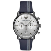 Emporio Armani AR11202 Aviator Men’s Chronograph Quartz Stainless Steel Silver Dial 43mm Blue Leather Strap Watch