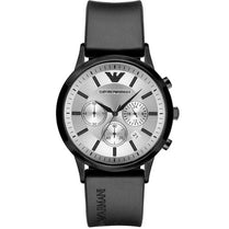Emporio Armani AR11048 Men’s Chronograph Quartz Stainless Steel Silver Dial 43mm Black Silicone Strap Watch