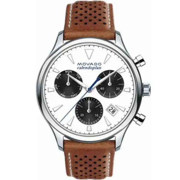 Movado 3650008 Men’s Swiss Made Quartz Leather Strap White Dial 43mm Watch