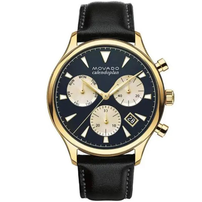 Movado 3650006 Men’s Swiss Made Quartz Black Leather Strap Navy Blue Dial 43mm Watch
