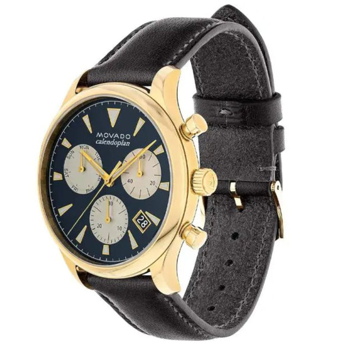Movado 3650006 Men’s Swiss Made Quartz Black Leather Strap Navy Blue Dial 43mm Watch