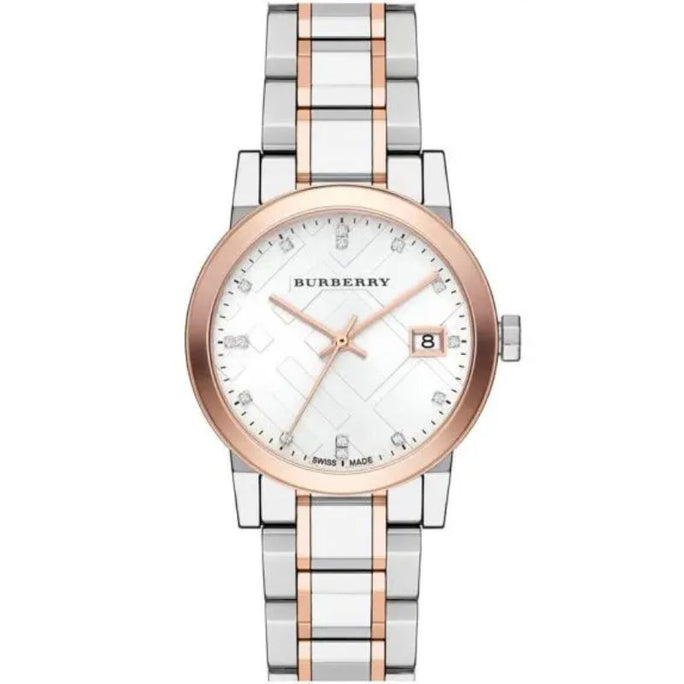 Burberry BU9127 Womens Swiss Made Two-Tone Stainless Steel Silver Dial 34mm Watch