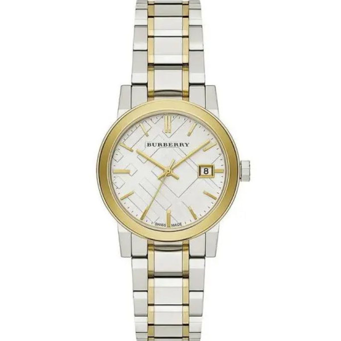 Burberry BU9115 Womens Swiss Made Quartz Two-Tone Stainless Steel Silver Dial 34mm Watch