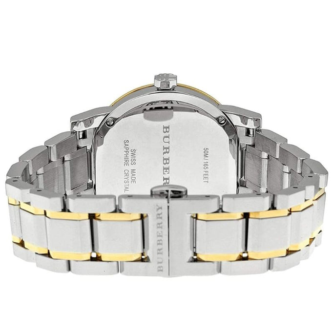 Burberry BU9115 Womens Swiss Made Quartz Two-Tone Stainless Steel Silver Dial 34mm Watch