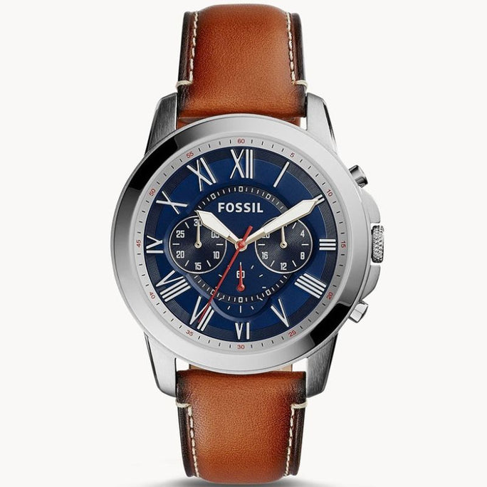 Fossil FS5210 Men’s Chronograph Quartz Brown Leather Strap Navy Blue Dial 44mm Watch