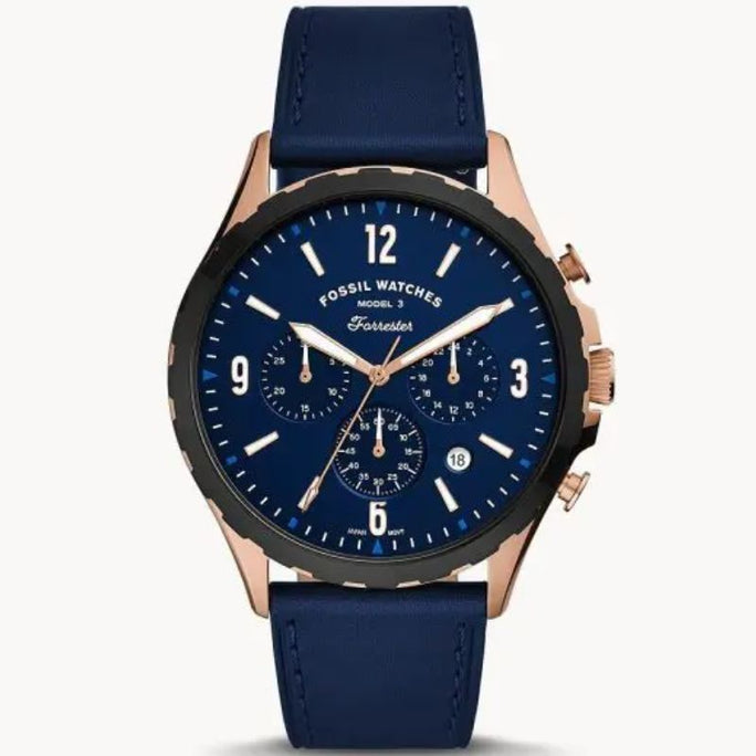 Fossil FS5814 Men’s Chronograph Quartz Leather Strap Blue Dial 46mm Watch