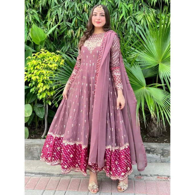Sara Jahan MARTINA Rang-e-Bahar Georgette Chiffon Peach Mauve Pink 3Pc Suit