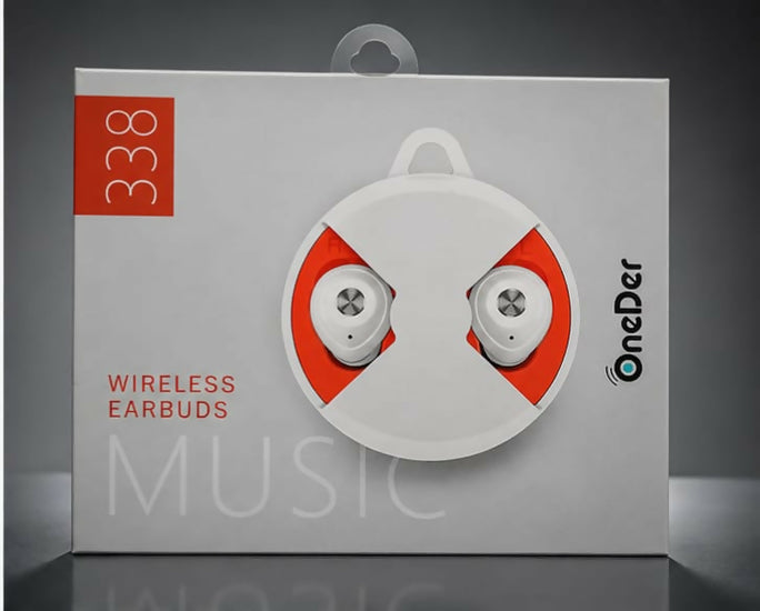 OneDer 338 Wireless Earbuds Bluetooth Headphones Mini Portable Charging Case with Carabiner Clip – White & Orange