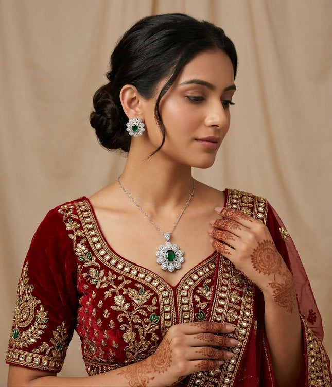 Elegant Floral Cluster Pendant Necklace & Matching Stud Earrings Set for Women - Crystal Flower Jewellery Set