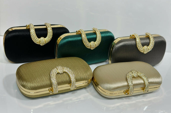 Luxury Textured Hard Case Clutch Bag for Women - Crystal Embellished Top Handle Evening Purse