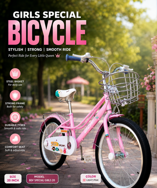 BDF 20" Girls Bicycle Light Pink with Steel Basket (Ages 7-13)