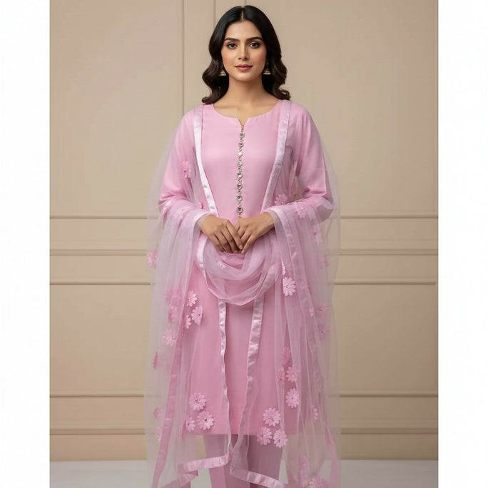 Unstitched 3 Piece Collection Katan Silk Plain Shirt & Trouser With Net Dupatta For Women Dress for women