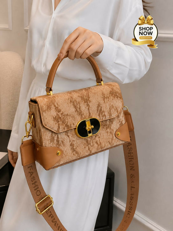 Textured Structured Top-Handle Handbag & Crossbody Bag for Women - Multi-Pocket Flap Shoulder Purse with Printed Strap