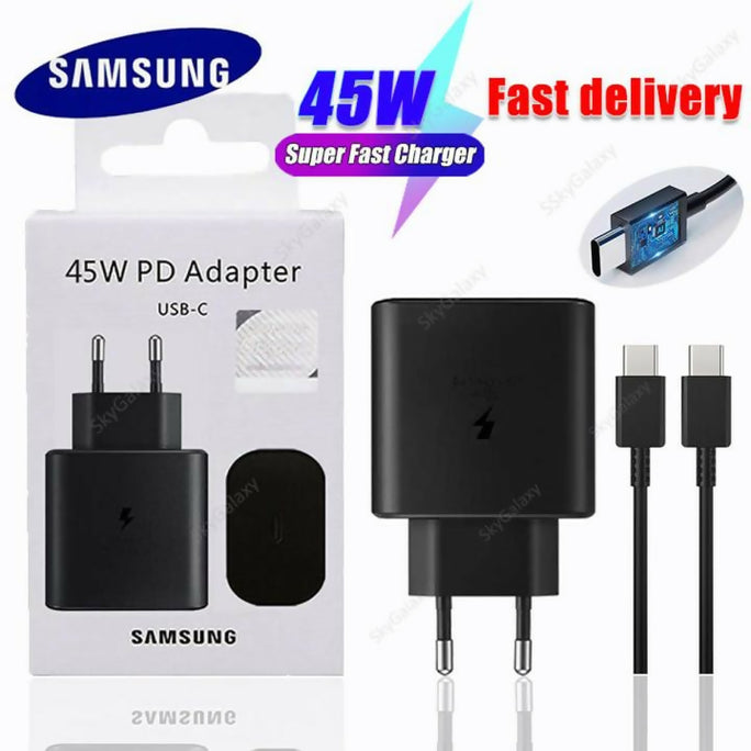 Original Samsung 45W Super Fast Charger with USB-C to USB-C Cable | PD Power Adapter for Galaxy Note, S Series, Z Fold/Flip | Genuine Type C Wall Charger