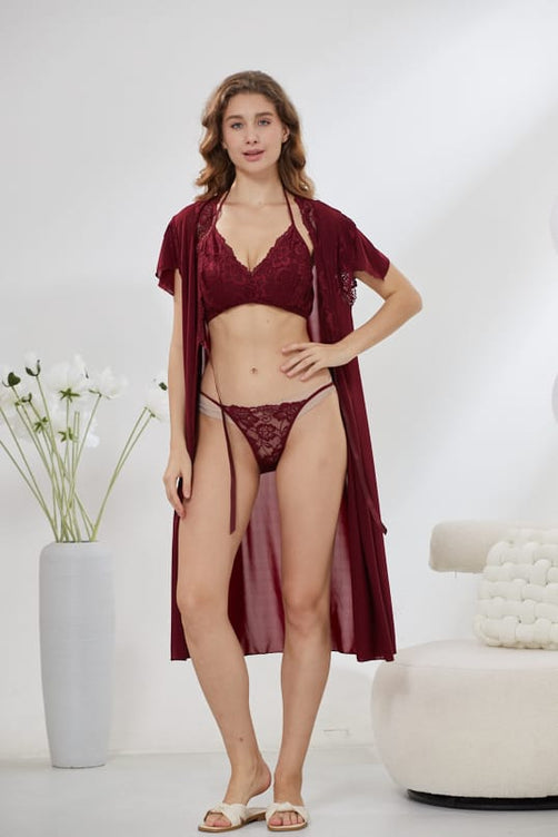 Sajiero 6-Piece Pure Silk Nightwear Set - Marvella Maroon