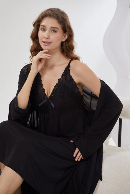 Sajiero 4-Piece Pure Silk Nightwear Set - Rosvian Black