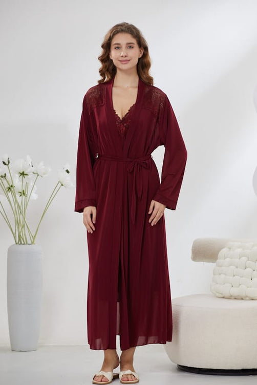 Sajiero 4-Piece Pure Silk Nightwear Set - Rosvian Maroon