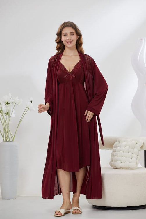 Sajiero 4-Piece Pure Silk Nightwear Set - Rosvian Maroon