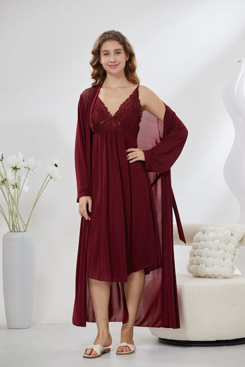 Sajiero 4-Piece Pure Silk Nightwear Set - Rosvian Maroon