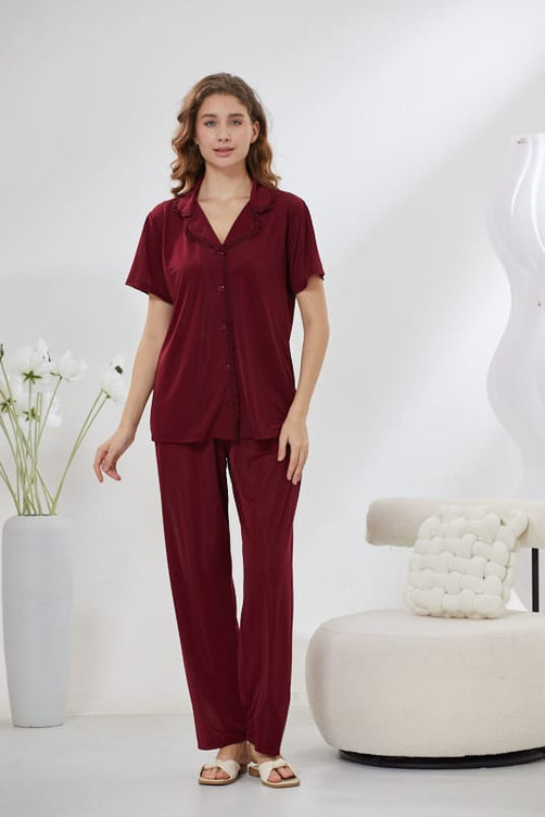 Sajiero 4-Piece Pure Silk Nightwear Set - Rosvian Maroon