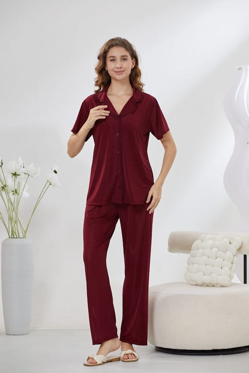 Sajiero 4-Piece Pure Silk Nightwear Set - Rosvian Maroon