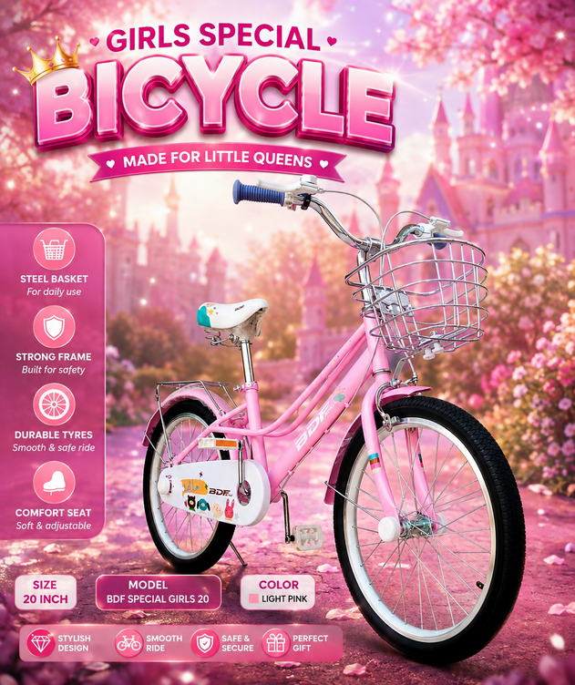BDF 20" Girls Bicycle Light Pink with Steel Basket (Ages 7-13)