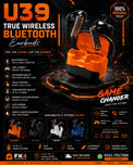 ORIGINAL U39 Gaming Earbuds Bluetooth 5.3 Wireless Headphones - Low Latency True Wireless TWS - Deep Bass Sound, 5H Battery, Touch Control, Sweatproof Earphones With Mic Works With All Devices