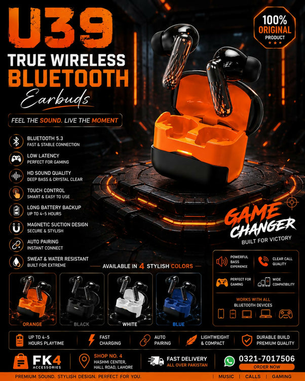 ORIGINAL U39 Gaming Earbuds Bluetooth 5.3 Wireless Headphones - Low Latency True Wireless TWS - Deep Bass Sound, 5H Battery, Touch Control, Sweatproof Earphones With Mic Works With All Devices