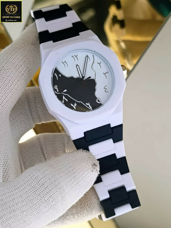Original WHITE BLACK Arabic Aura Waterproof Wrist Watch: Trending Matte Finish Luxury Timepiece for Men & Boys special Premium Arabic Aura Watch 2026 watch: Luxury Minimalist Design with Butterfly Clasp & Fiber Chain for Men