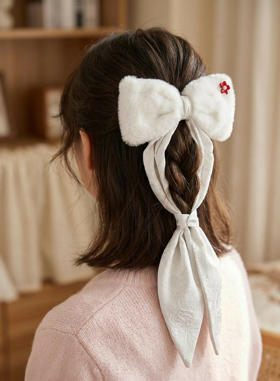 White Plush Fur Hair Bow Clip for Women & Girls | Off White Velvet Floral Ribbon Hair Barrette | Soft Winter Hair Accessories for Wedding, Party & Casual Wear