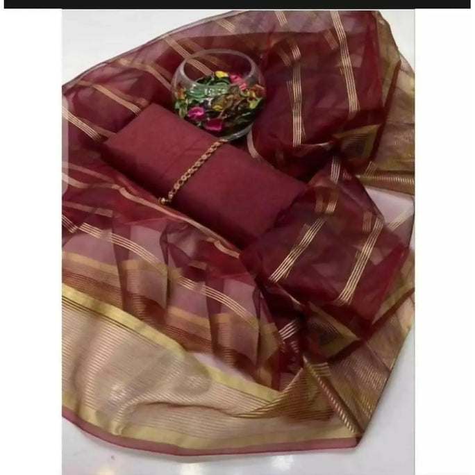 3 Pieces Unstitched Katan Silk Plain Shirt & Trouser With Organza Lining Dupatta For Womens & Girls