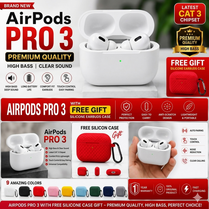 RED EARBUD PRO 3 WITH FREE SLICON CASE HIGH QUALITY
