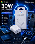Google 30W USB-C Fast Charger Power Adapter, Ultra Compact Travel Ready Wall Charger with Built-in Safety Protection, Universal Compatibility for iPhone 15/14/13, iPad, MacBook, OnePlus, & Android Phones