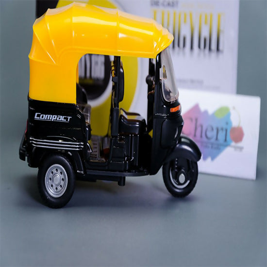 Toy Diecast 1:14 Auto Rickshaw Motor Tricycle Miniature Bemo Diecast Toy Best Tricycle Music Sound Light Model Free wheel can slide, run like real CLASSIC TRICYCLE Three-wheeled motorcycle alloy car model children's toy car sound and light pull back taxi