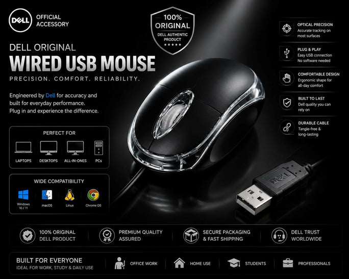 Dell Original Wired USB RGB Optical Mouse High Precision 1000 DP