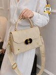 Textured Structured Top-Handle Handbag & Crossbody Bag for Women - Multi-Pocket Flap Shoulder Purse with Printed Strap