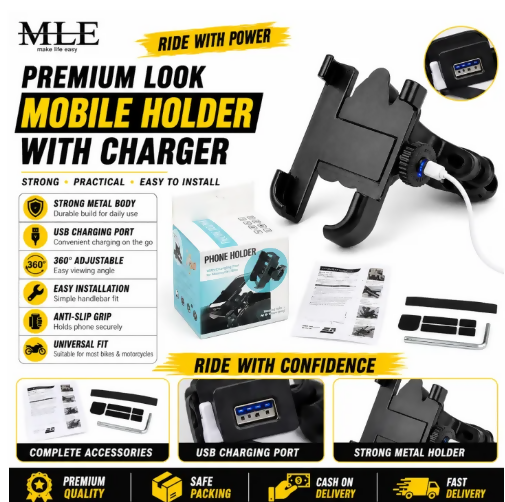 Metal Bike Mobile Holder with USB Charger | Heavy Duty Motorcycle Phone Holder | Universal Handle Bar Mount All Phones Mobile Holder Adjustable Mobile Holder Riding Mobile Holder Long Ride Mobile Holder
