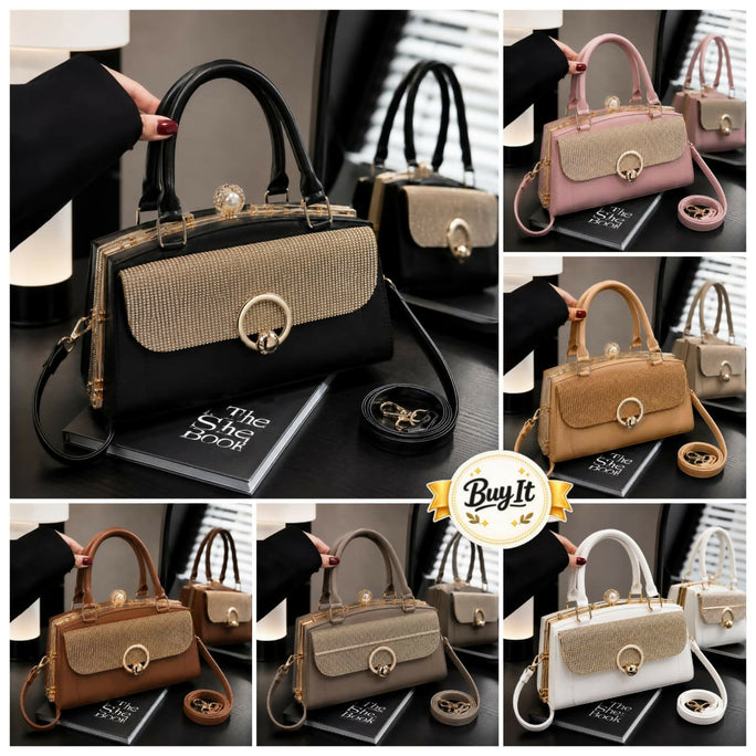 Chic Rhinestone Flap Medium Frame Handbag for Women & Girls - PU Leather Shoulder Bag with Top Clasp