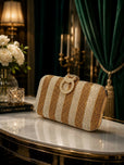 Glamorous Diamond Mesh Striped Clutch Purse for Women & Girls - Stylish Metal Handle Party Handbag