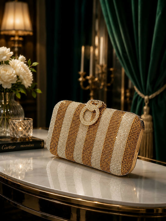 Glamorous Diamond Mesh Striped Clutch Purse for Women & Girls - Stylish Metal Handle Party Handbag