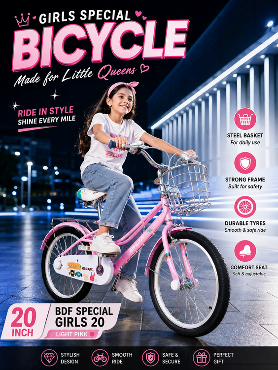 BDF 20" Girls Bicycle Light Pink with Steel Basket (Ages 7-13)