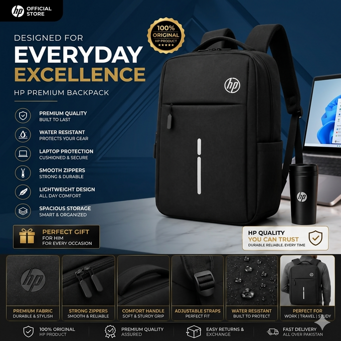 HP Original Premium Laptop Backpack | Water Resistant Shockproof Anti-Theft Business Travel Laptop Bag with USB Charging Port | Fits 14", 15", 15.6", 16" & 17" Inch Laptops Office, College, School, University & Travel | Black