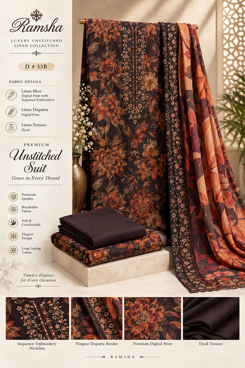 Midnight Ember – Premium Printed Linen 3-Piece Unstitched Suit with 4-Patti Lace Dupatta