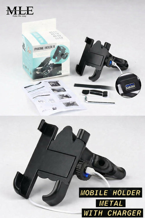Metal Bike Mobile Holder with USB Charger | Heavy Duty Motorcycle Phone Holder | Universal Handle Bar Mount All Phones Mobile Holder Adjustable Mobile Holder Riding Mobile Holder Long Ride Mobile Holder
