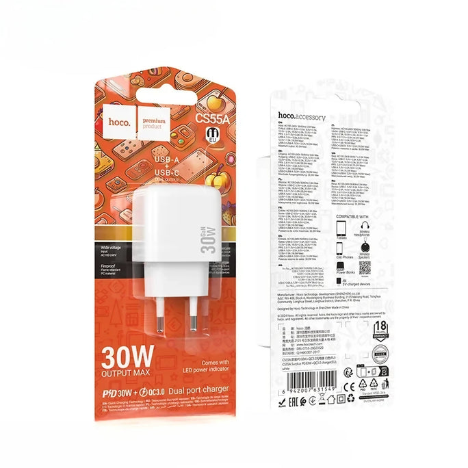 HOCO CS55A 30W Dual Port Fast Wall Charger PD Type C QC3.0