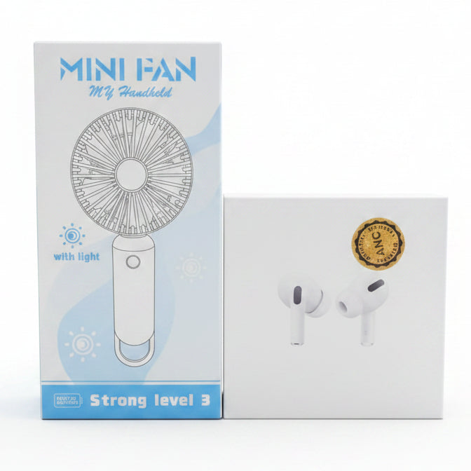 Mini Handheld Fan + Airs Pro 2 Wireless Earbuds Combo Deal | Portable Fan & Bluetooth Earbuds